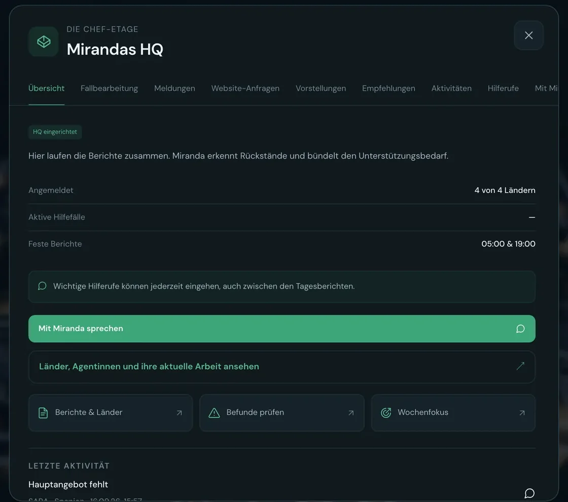 Das Headquarter: Berichte, Hilferufe, Empfehlungen und Chat