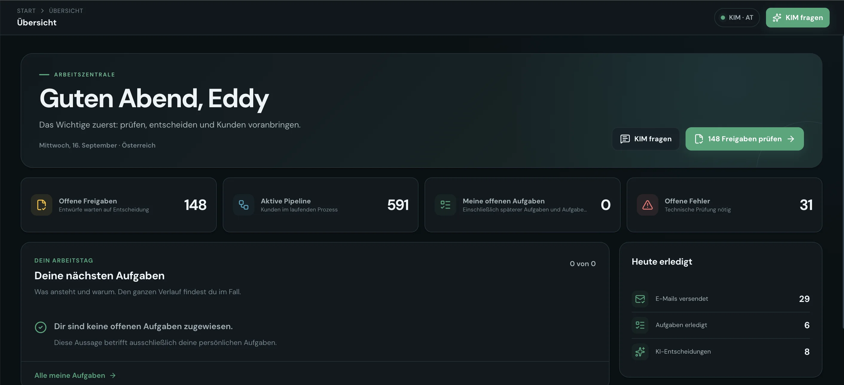Das Dashboard: offene Freigaben, aktive Pipeline, Aufgaben und was heute erledigt wurde. Alles auf einen Blick.